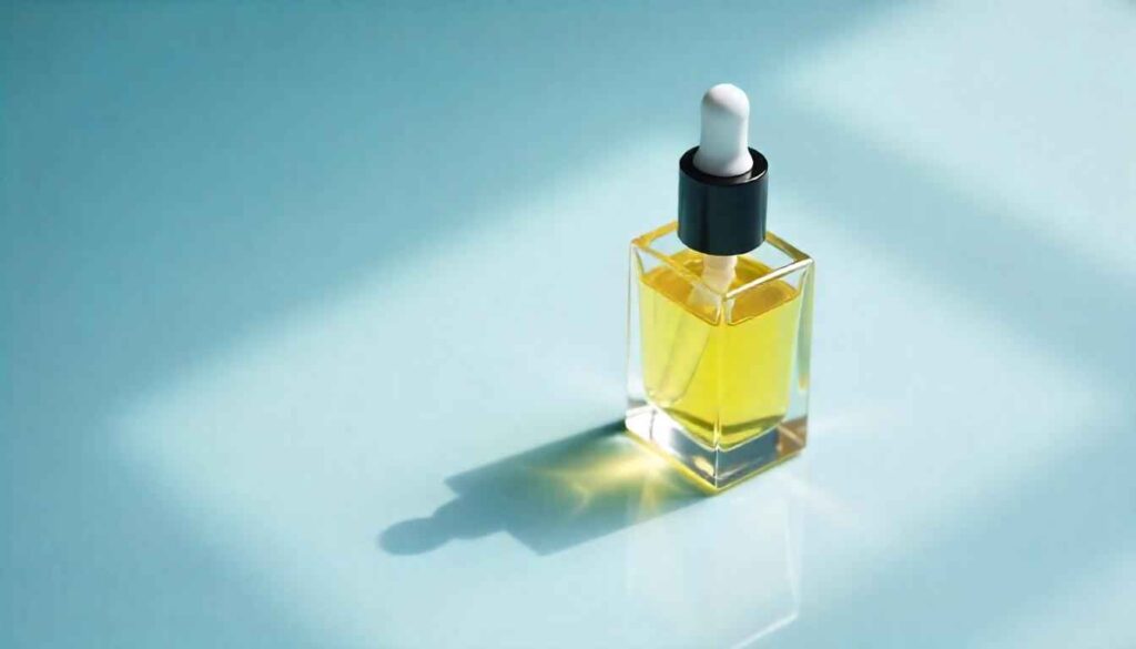 Fragrance oil for perfumes 3. A minimalist shot of an open perfume oil bottle with a dropper, casting a soft shadow on a marble surface.