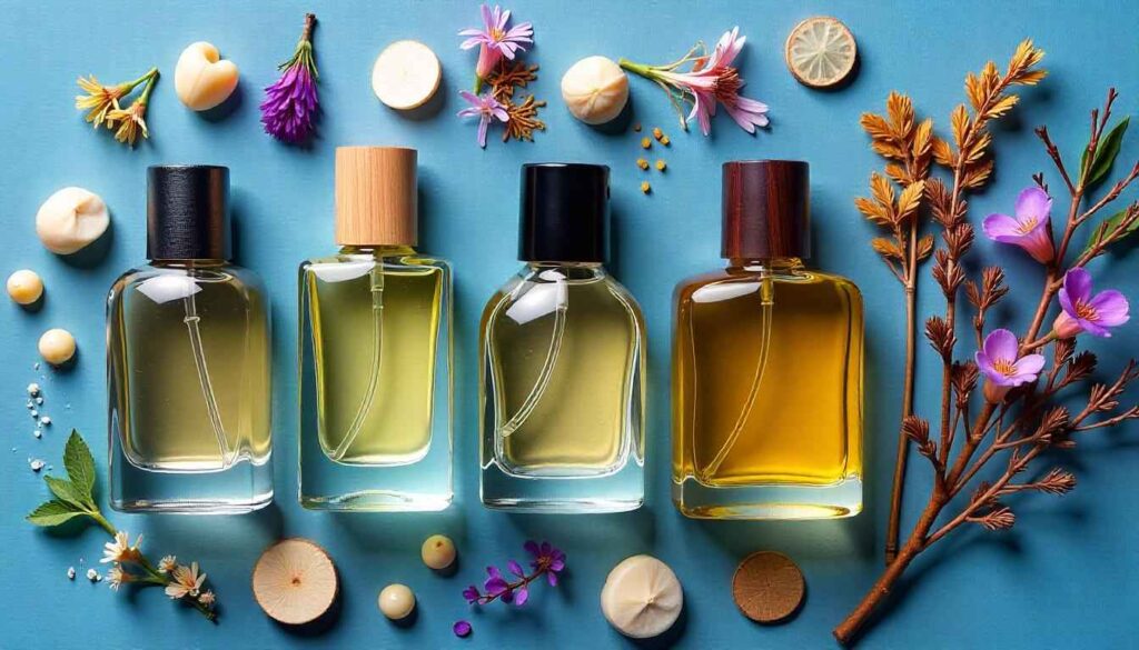 Scents oil 2. A flat lay of perfume oil bottles with flowers, resins, and wood shavings.