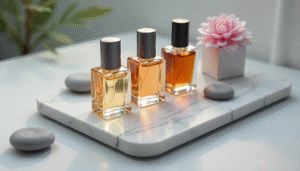Perfume oil bottles on a marble tray