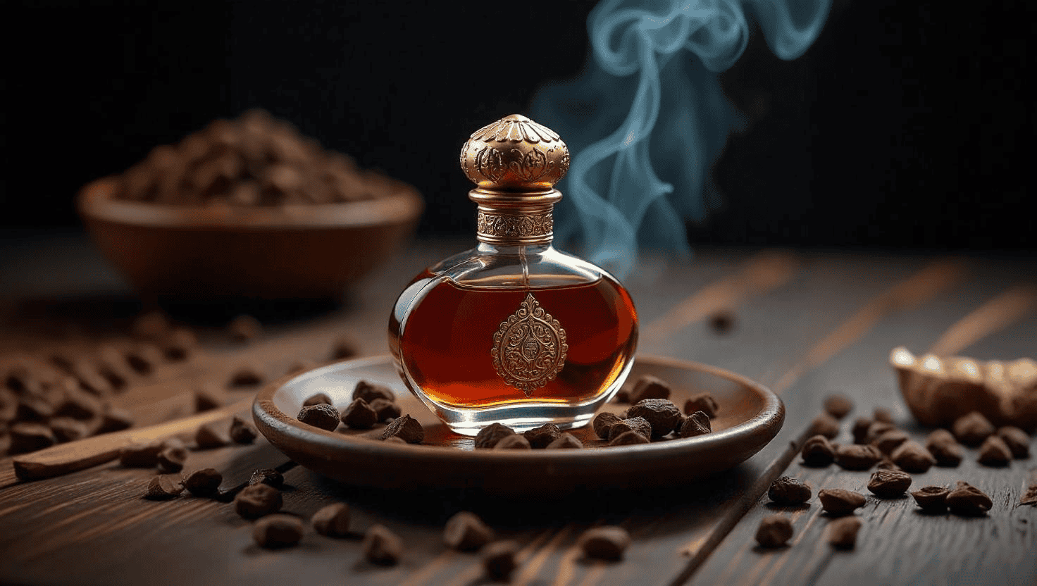 Luxury oud attar bottle with ornate golden cap displayed on a decorative box, surrounded by golden ornaments and soft lighting on a dark blue background.