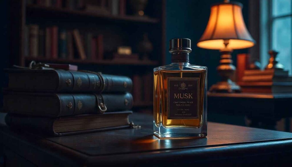 perfume musk oil Traveler’s hand holding a musk oil bottle against a golden desert sunset.