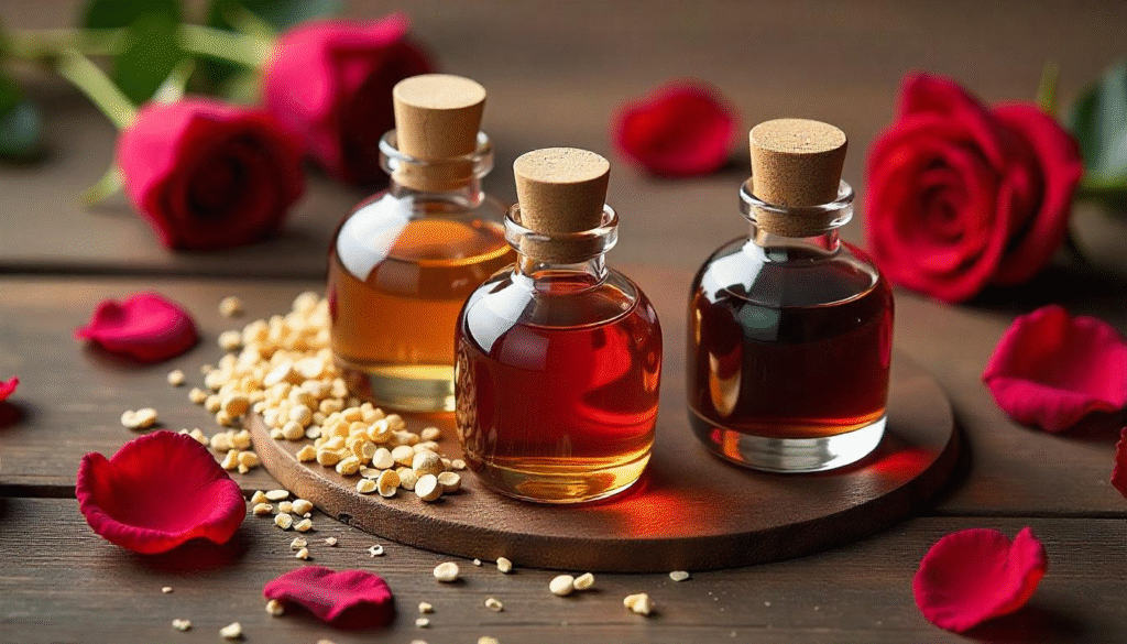 perfume oil vs attar Traditional attar bottles with rose and sandalwood