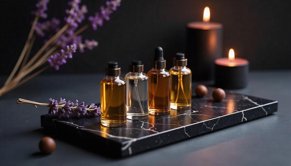 perfume vs attar which is better Traditional attar bottles placed next to modern perfume oil vials on a rustic table