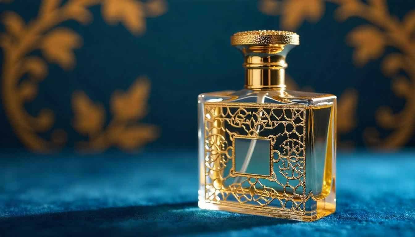 Luxury glass perfume oil bottle with gold mosaic design placed on a velvet blue surface with bluish ornaments in the background.
