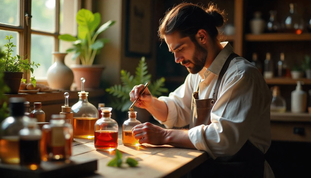 perfumes with woody scents Artisan perfumer blending woody and floral notes in a traditional workshop