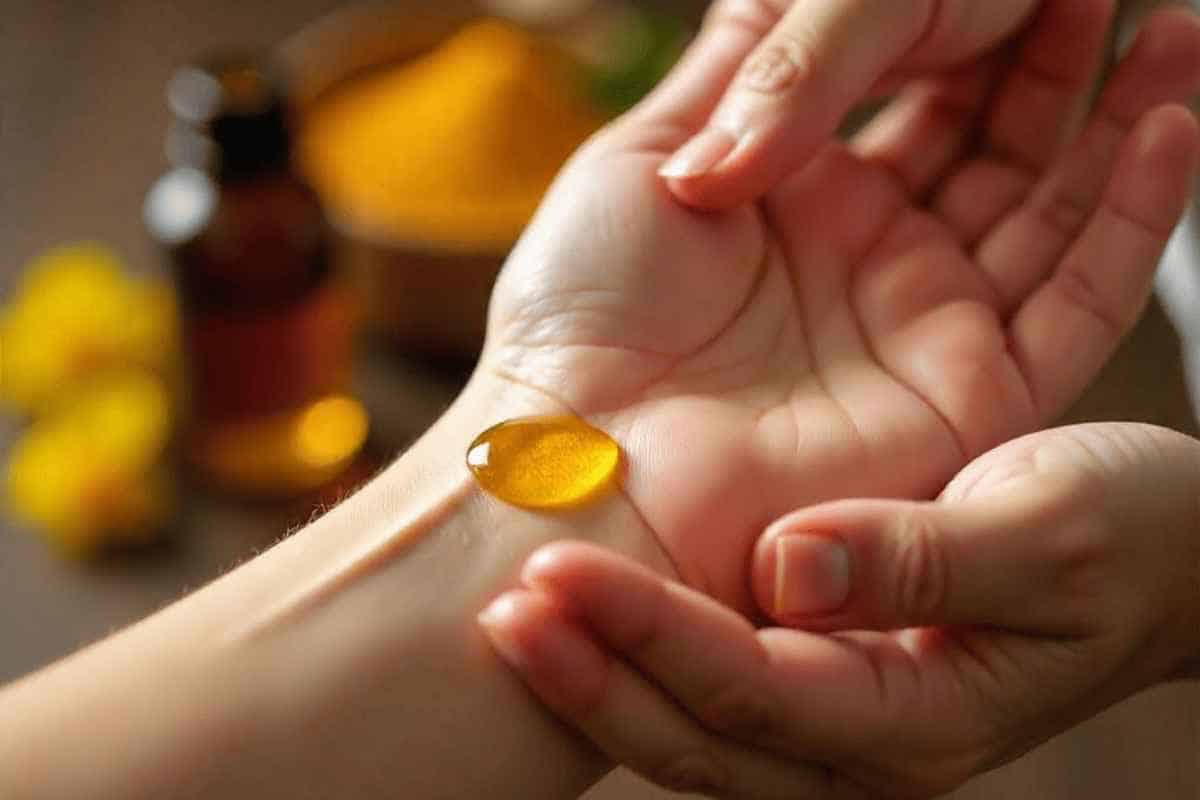 what is attar Close-up of hands applying attar oil on the wrist with a blurred background of floral herbs and natural oils.