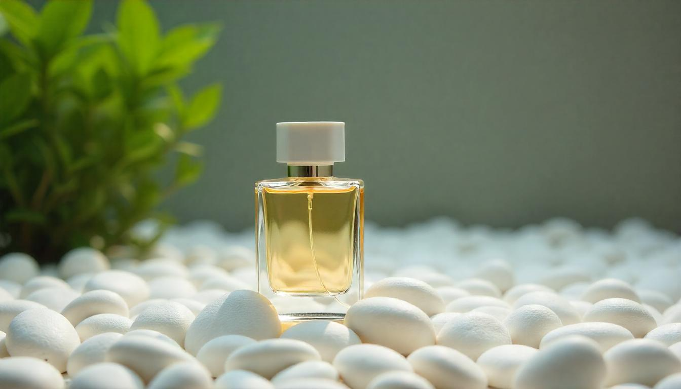 Perfume bottle surrounded by driftwood and forest flowers