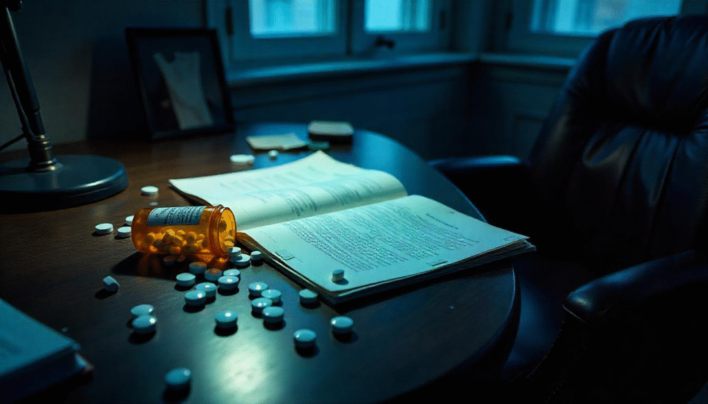 Mental health ethics Broken pill bottle with sedatives spilling beside psychiatric records.