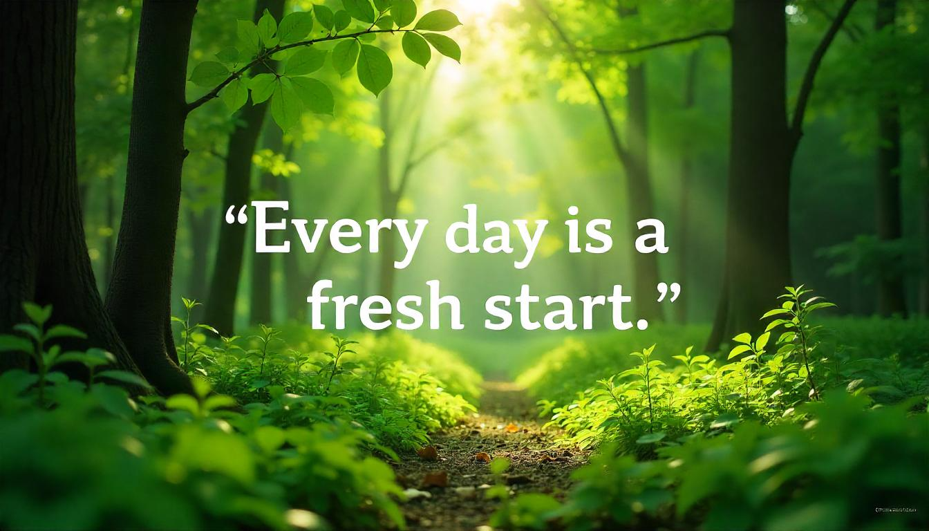 Forest path with sunlight and mental health quote overlay.