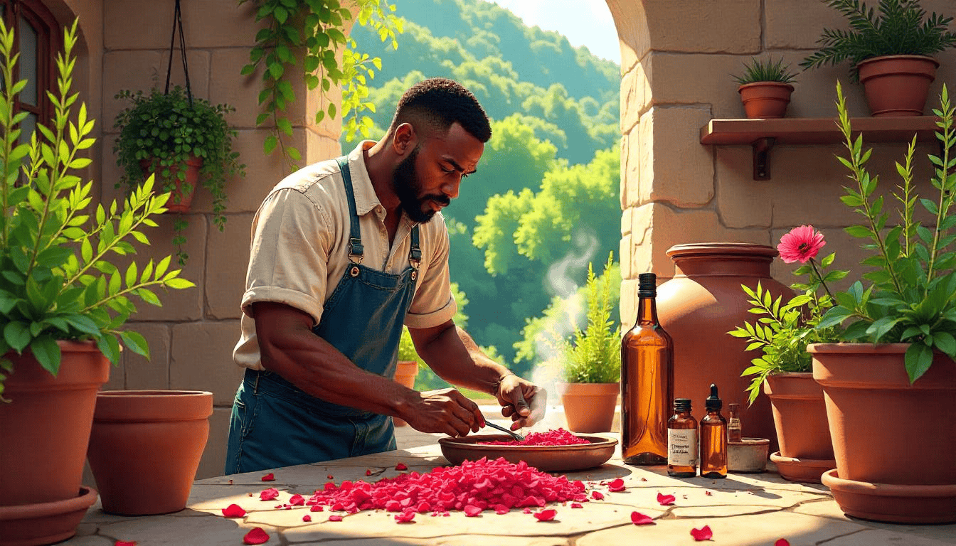 Artisan making essential oils with copper stills and herbs