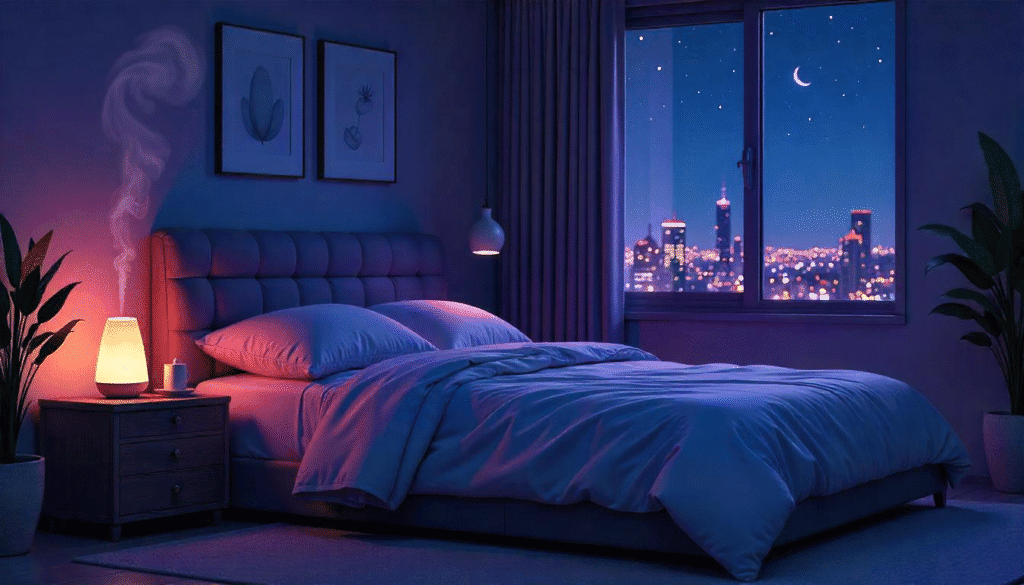 aroma sleep therapy Lavender oil used for sleep therapy in a calm bedroom