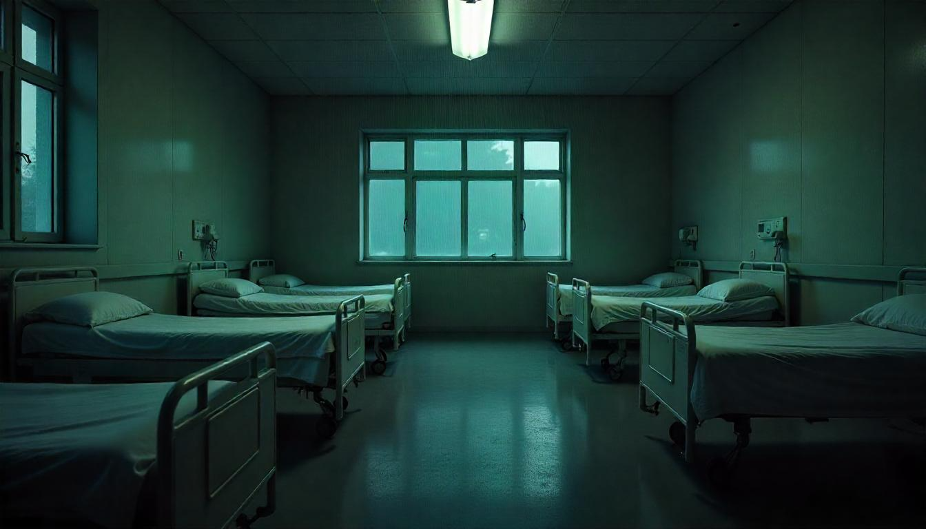Vintage 1960s hospital ward showing empty beds under dim lighting.