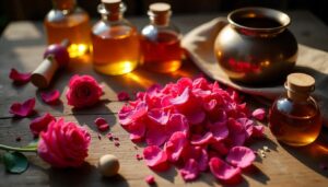 Traditional ingredients and tools used to make attar at home.