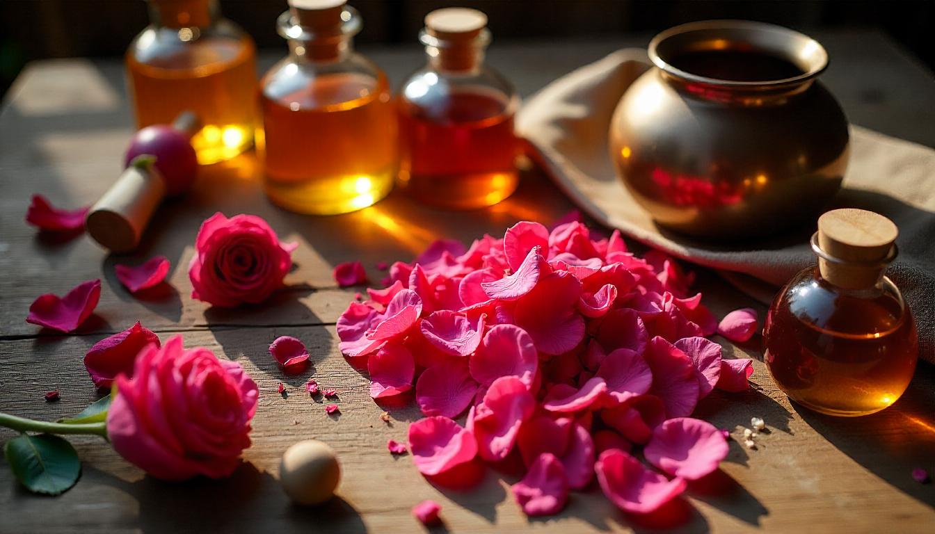 Traditional ingredients and tools used to make attar at home.
