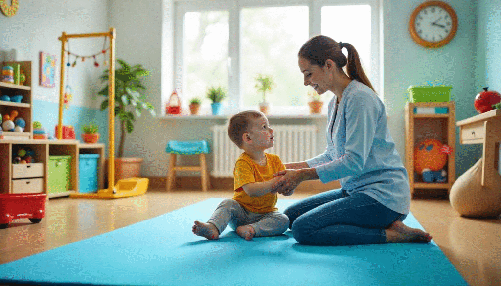 pediatric OT assessment Pediatric occupational therapist guiding a child through play-based assessment activities in a colorful therapy room.