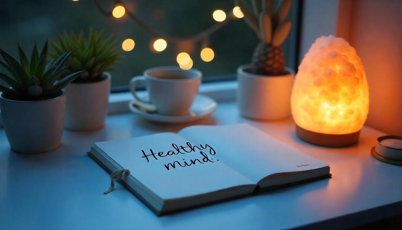 A bright, cozy desk scene with an open journal titled “Healthy Mind Quotes,” green plants, and sunlight, creating a calm atmosphere.