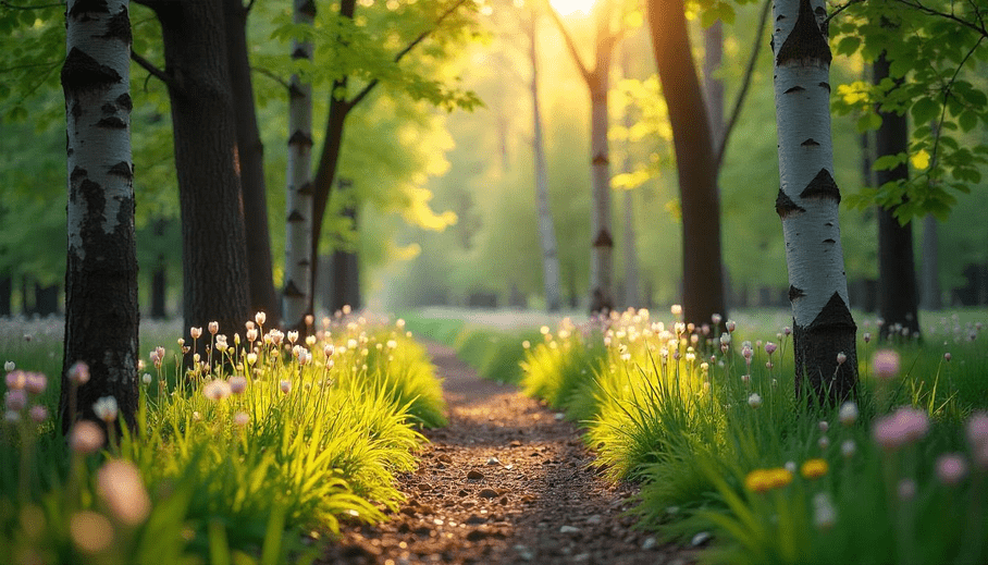 Forest path glowing with sunlight, symbolizing hope and mental health healing.